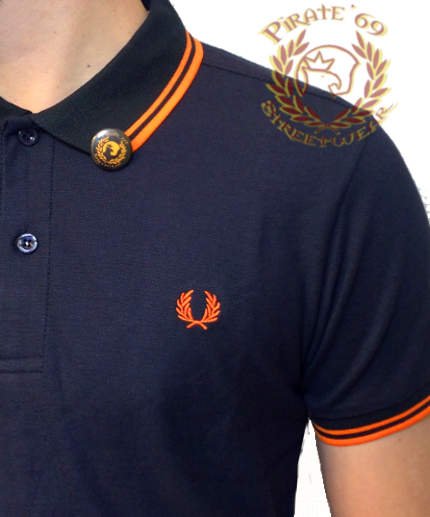 blue and orange polo shirt