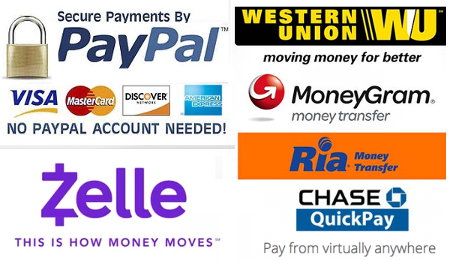 Paypal, Visa, MasterCard, Zelle