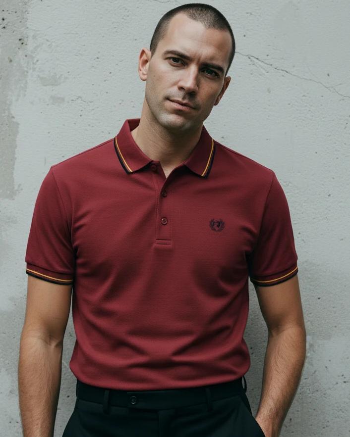 Pirate 69 Twin Tipped Skinhead Polo Shirt Maroon with Yellow and Black Trim Pirate 69 Twin Tipped Skinhead Polo Shirt Maroon with Yellow and Black Trim